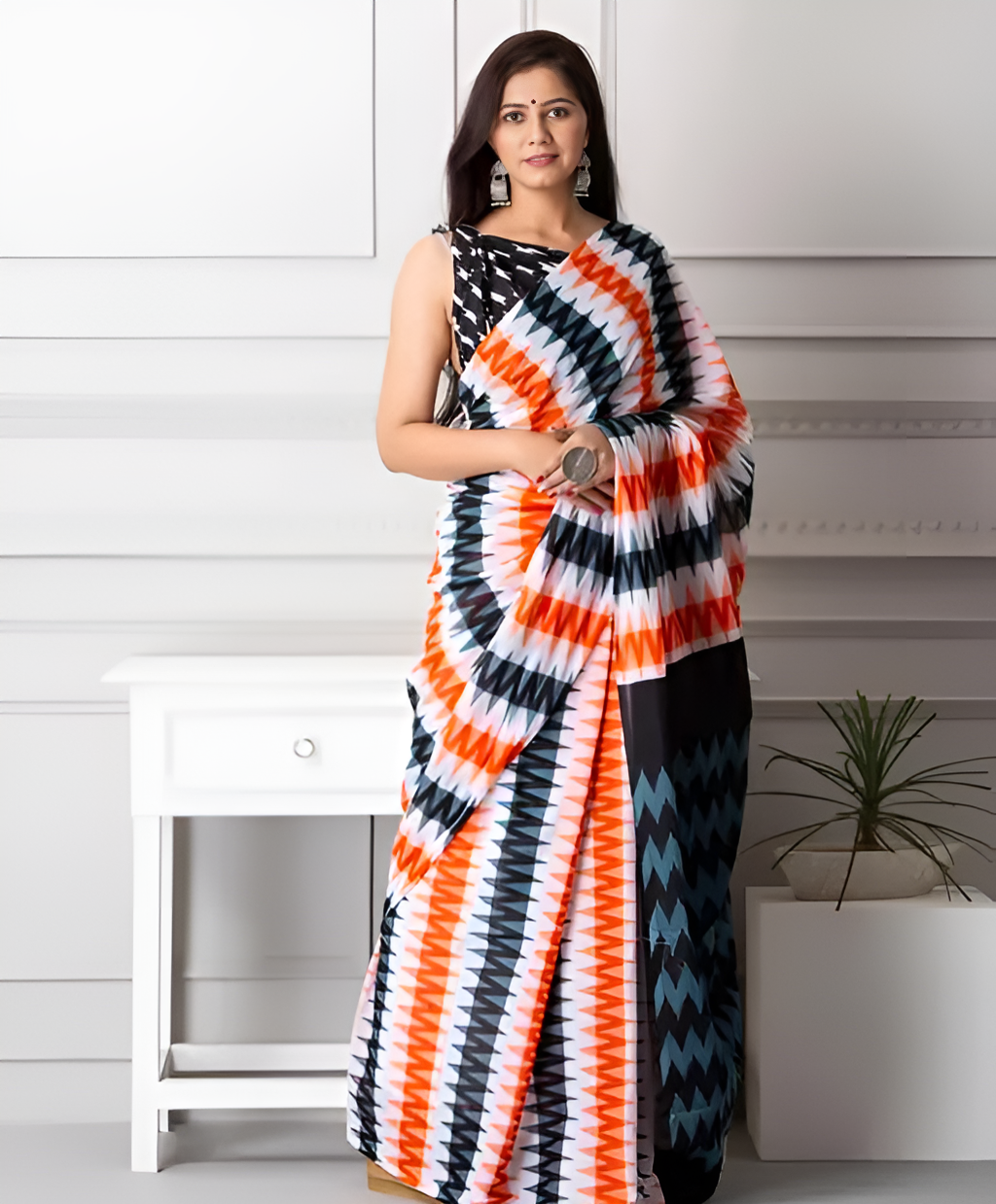 Premium Linen Printed Saree with Geometric Design