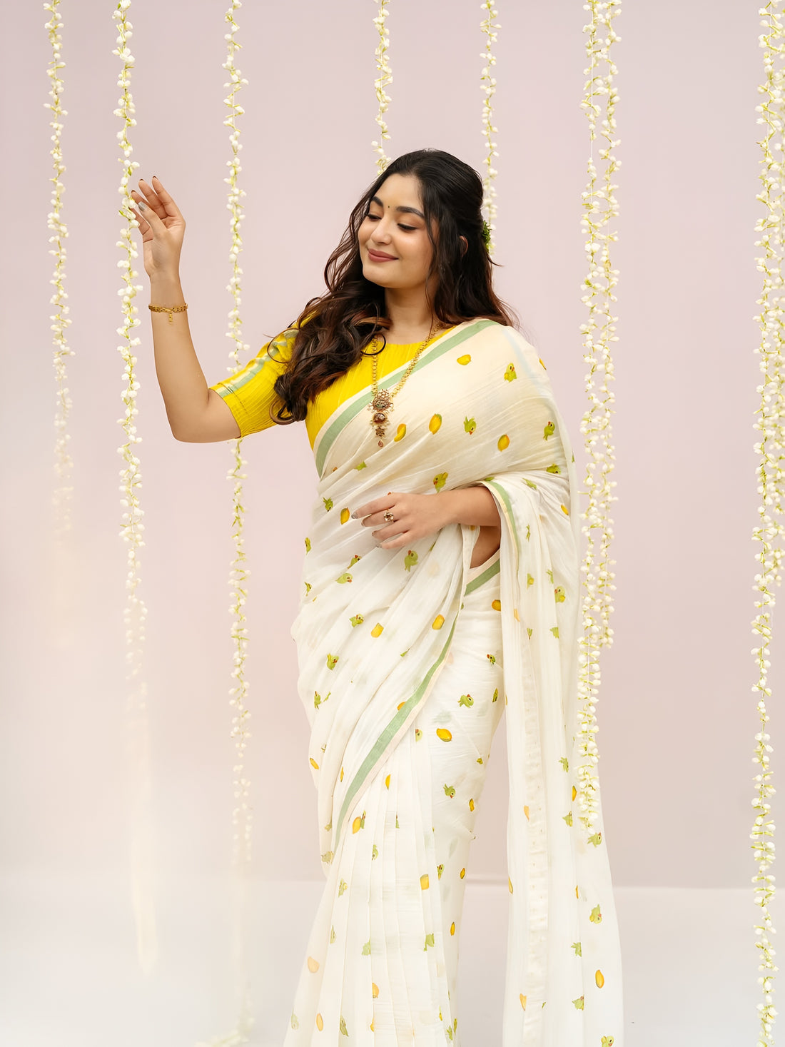 Elegant light yellow Linen Cotton Saree with Yellow Floral Print