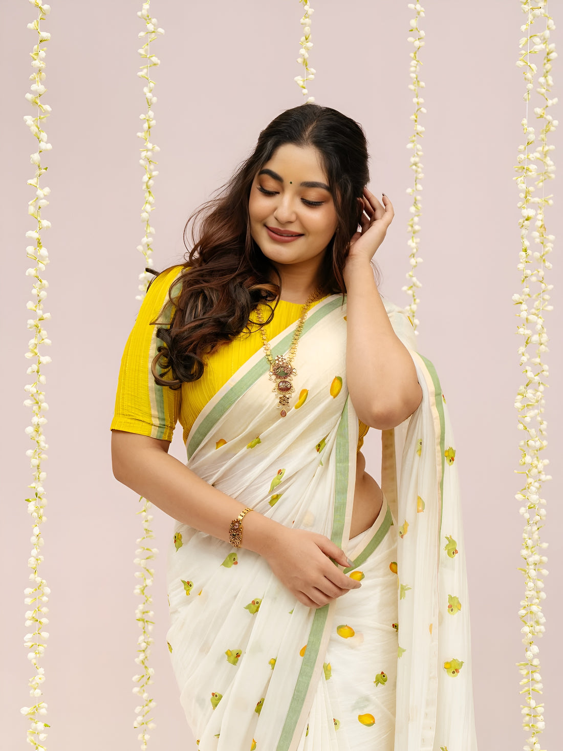 Elegant light yellow Linen Cotton Saree with Yellow Floral Print