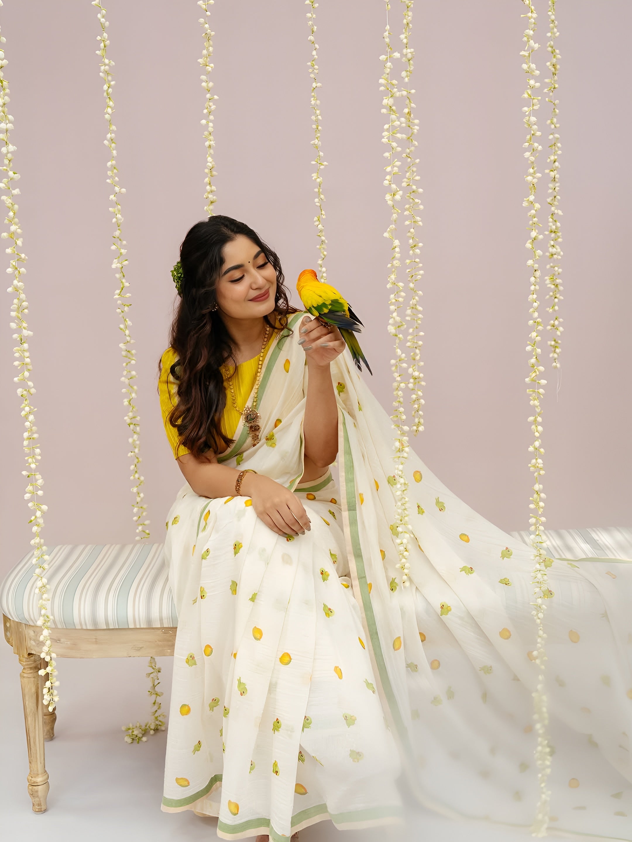 Elegant light yellow Linen Cotton Saree with Yellow Floral Print