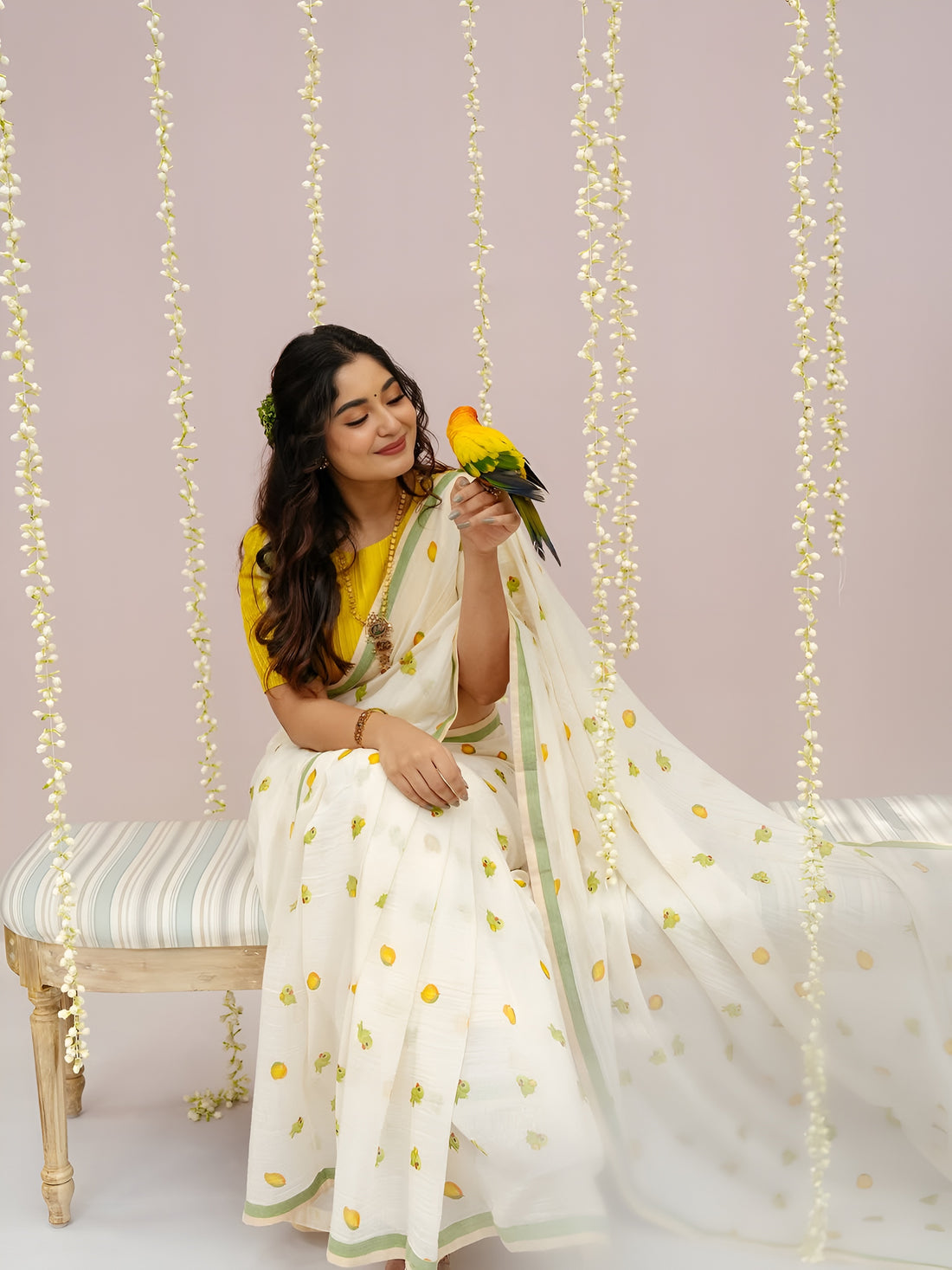 Elegant light yellow Linen Cotton Saree with Yellow Floral Print