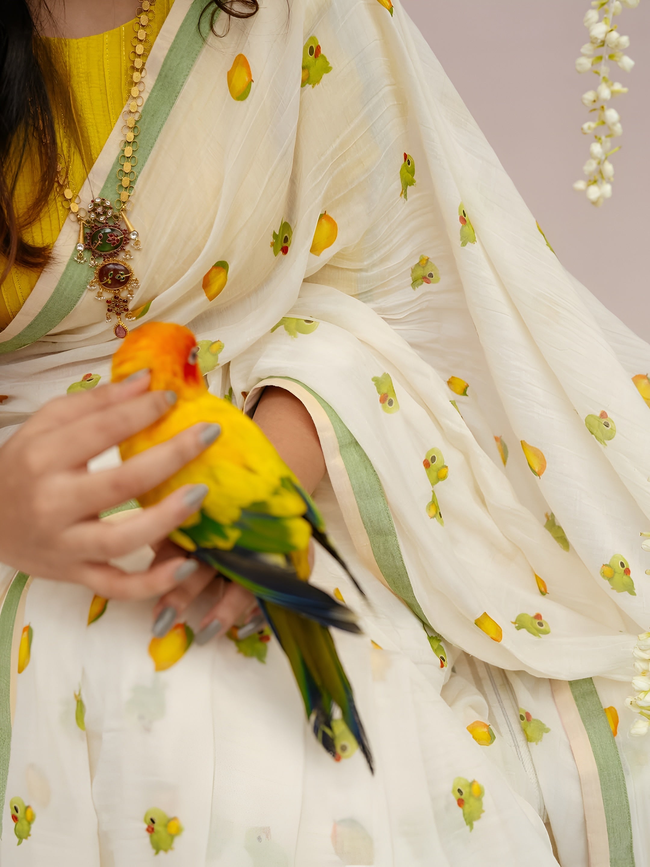 Elegant light yellow Linen Cotton Saree with Yellow Floral Print