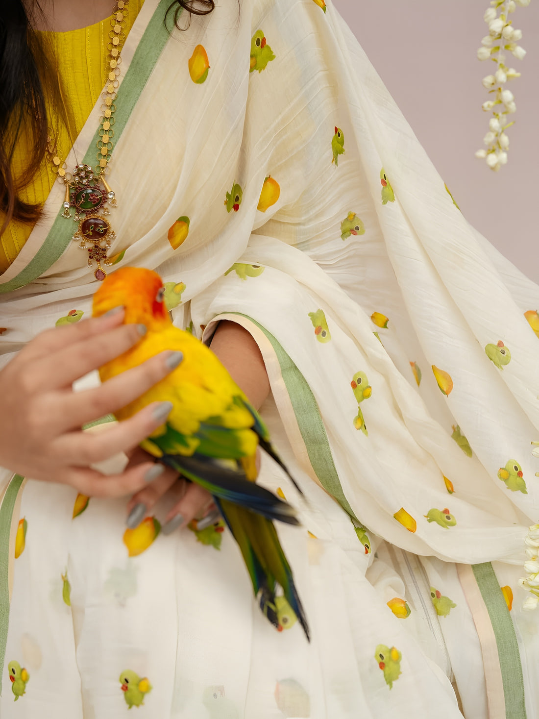 Elegant light yellow Linen Cotton Saree with Yellow Floral Print