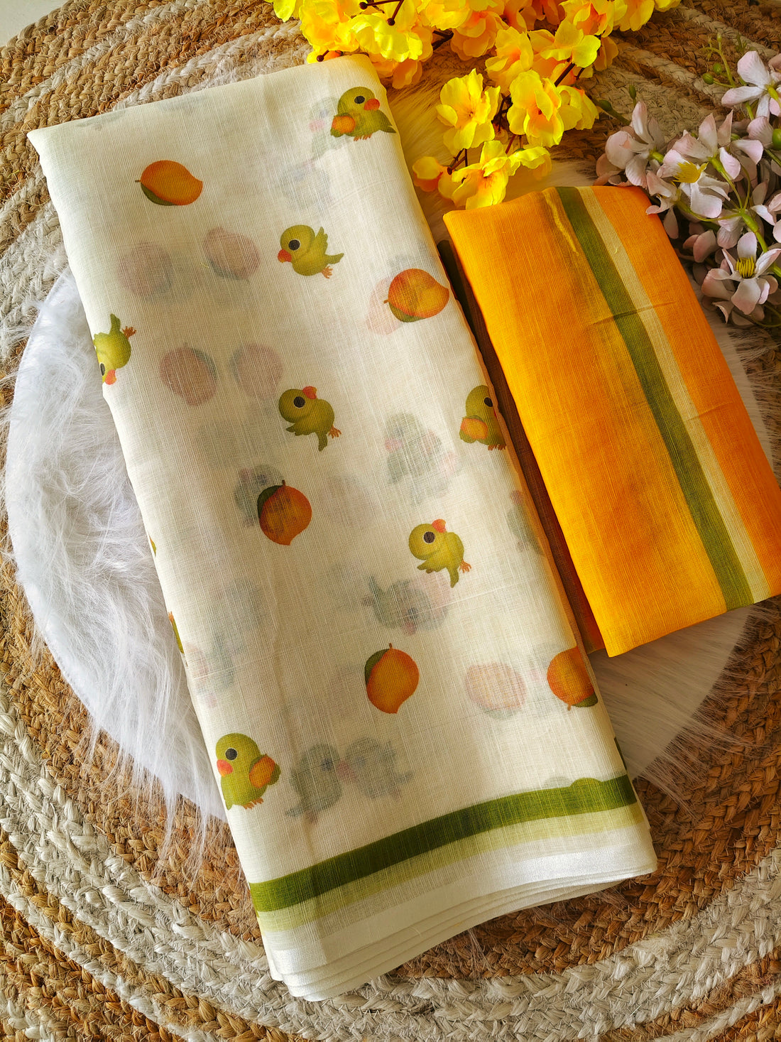 Elegant light yellow Linen Cotton Saree with Yellow Floral Print