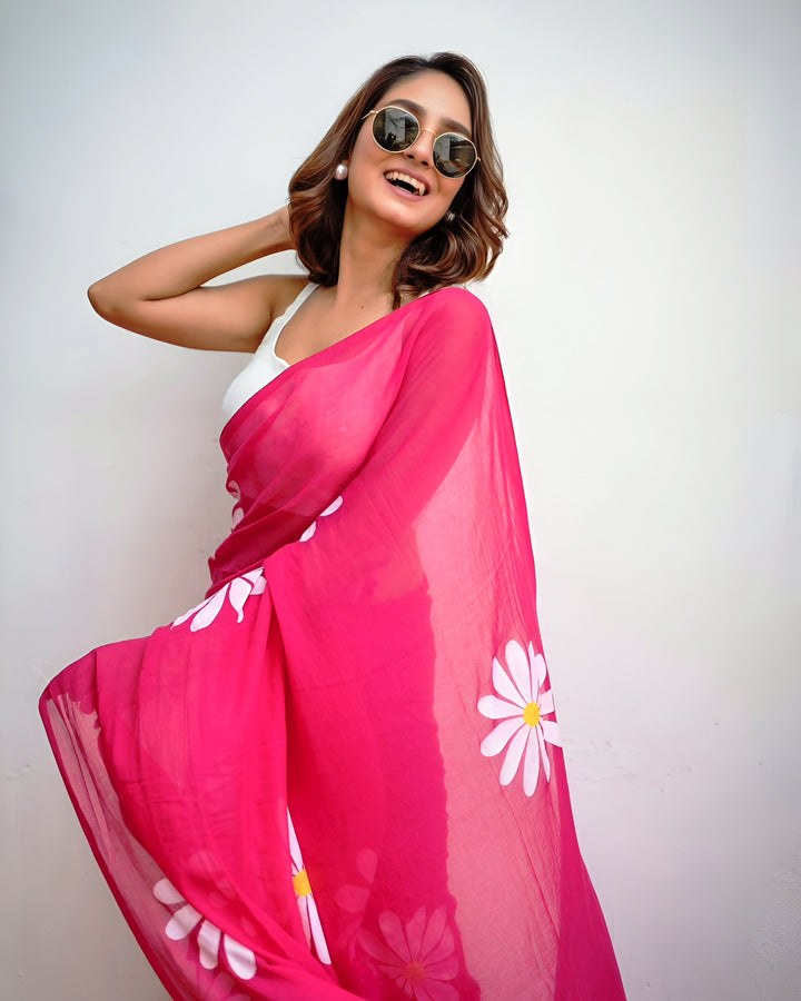 Bright Pink Floral Printed Saree with White Daisy Motifs
