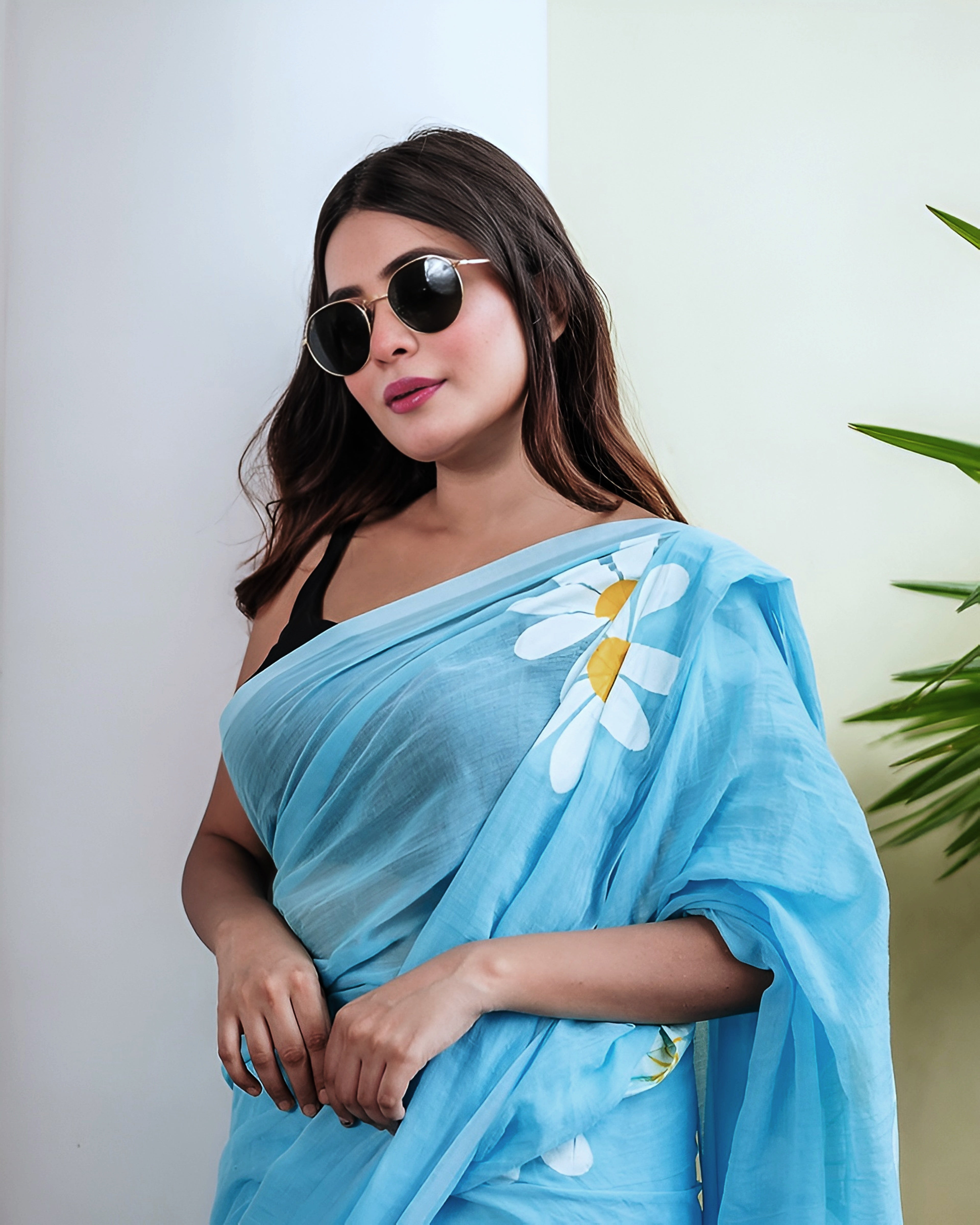 Sky Blue Linen Saree with White Daisy Print