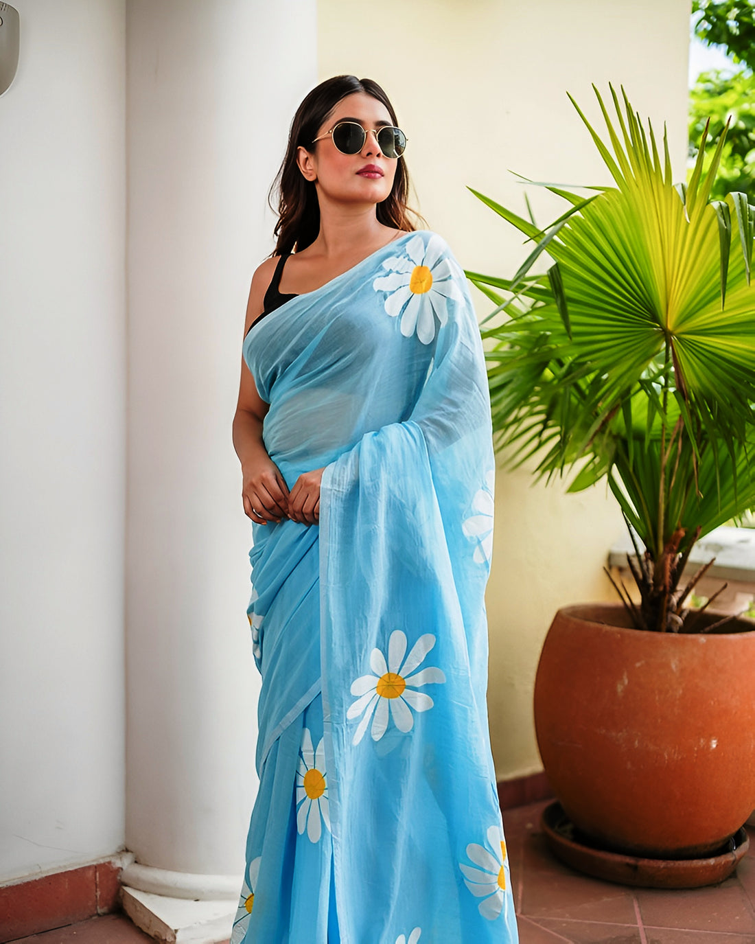 Sky Blue Linen Saree with White Daisy Print