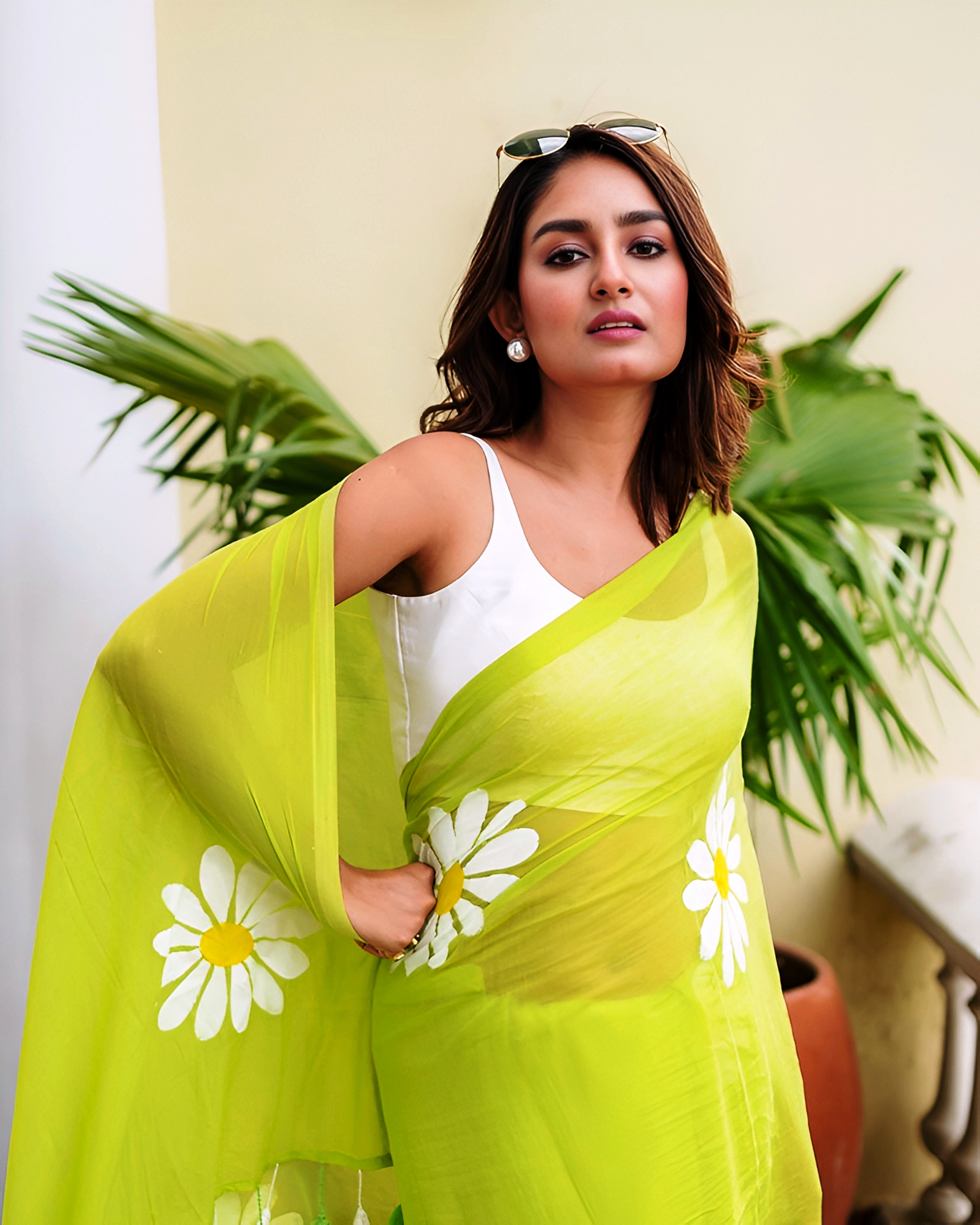 Lime Green Daisy Printed Linen Saree
