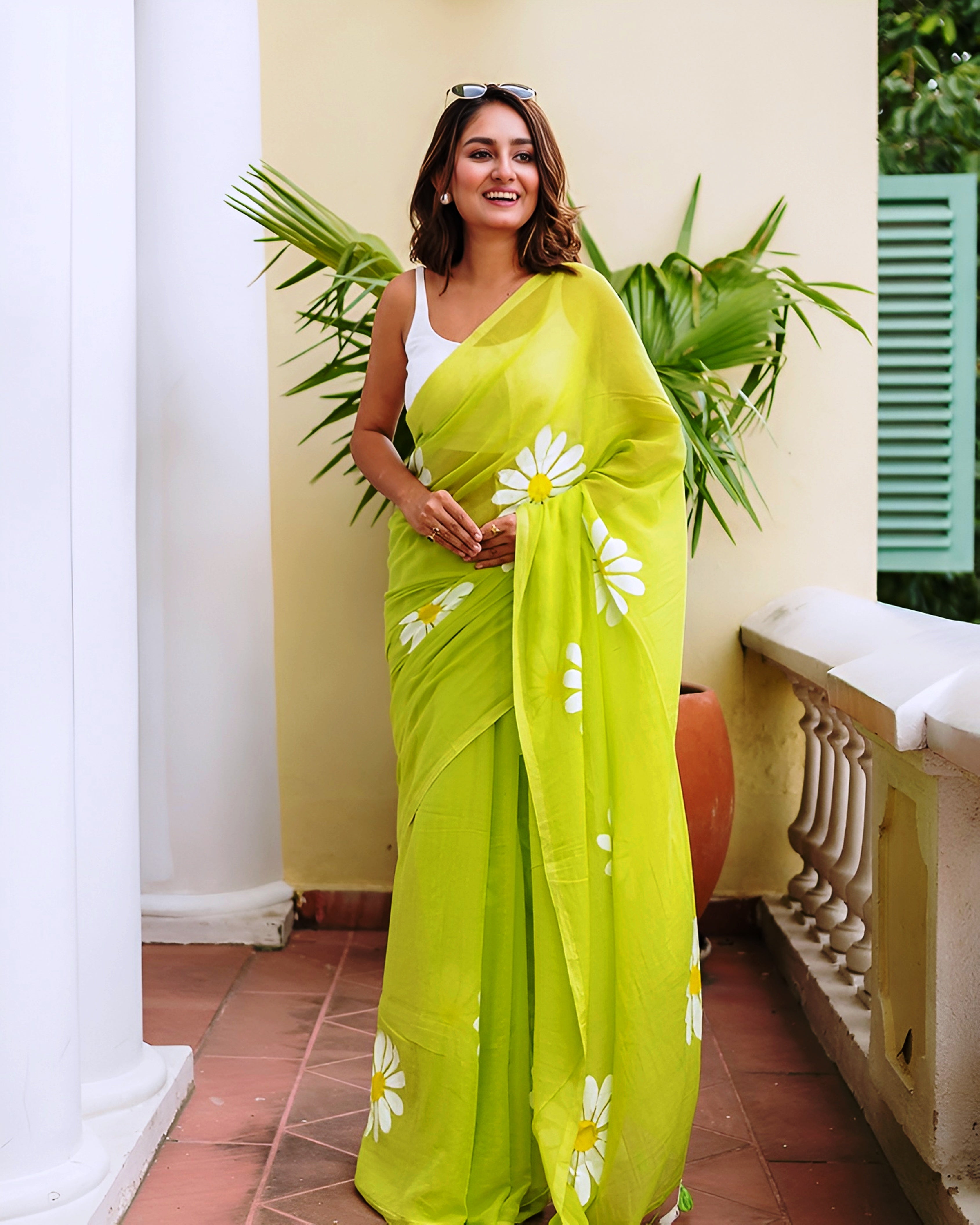 Lime Green Daisy Printed Linen Saree