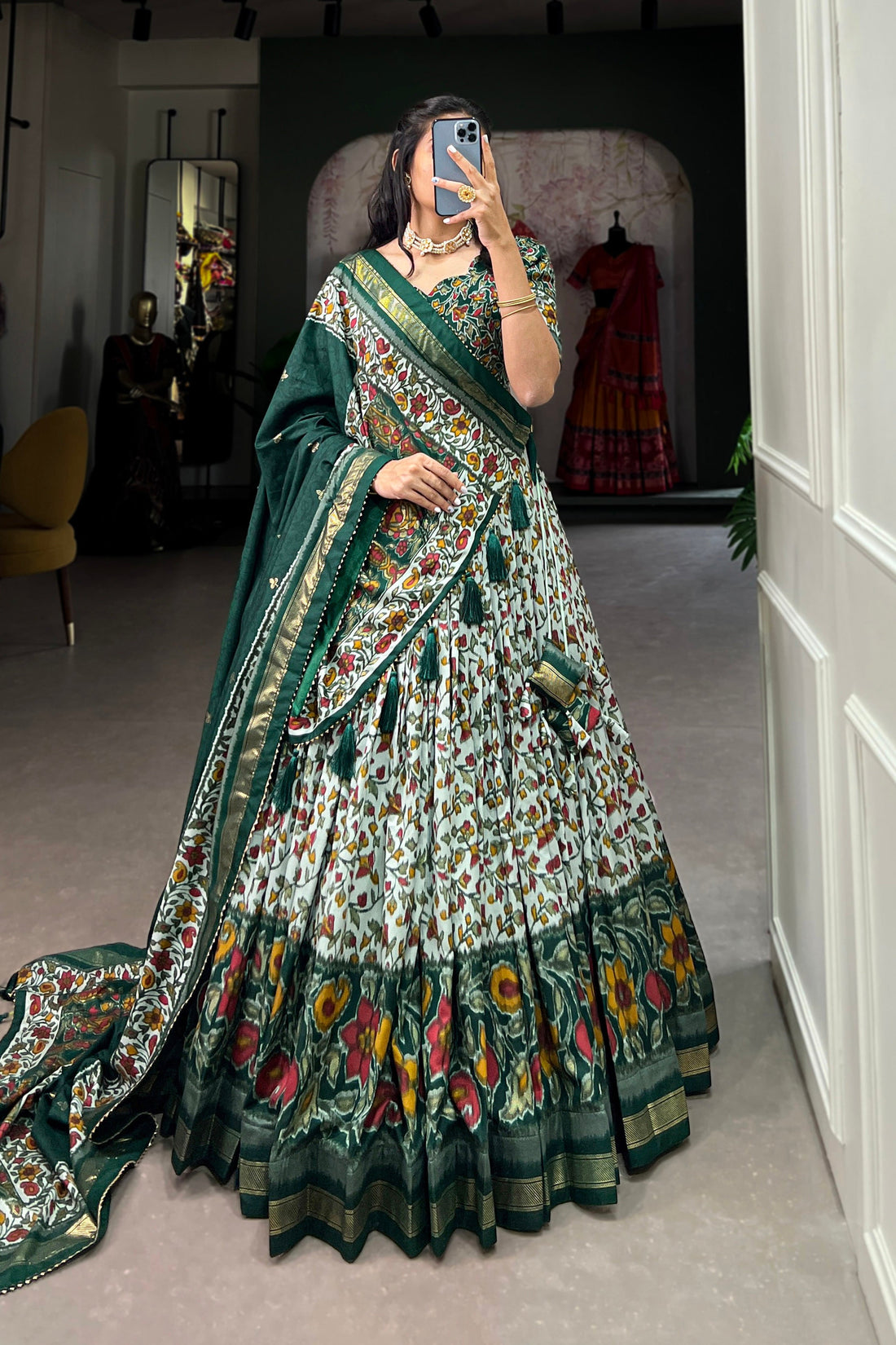 Women's Green Tusser Silk Floral Printed Lehenga Choli with Foil Work & Gotta Patti Dupatta | Designer Festive, Wedding & Party Wear