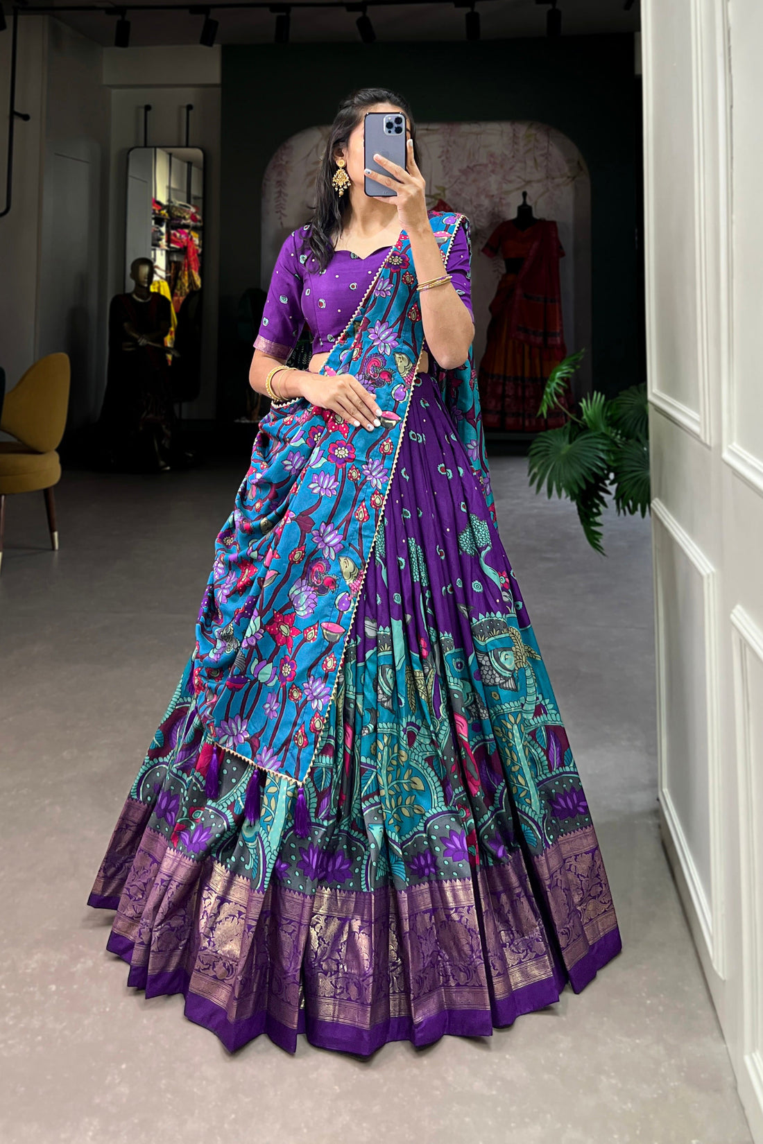 Women's Purple Tusser Silk Floral Printed Lehenga Choli with Foil Work & Gotta Patti Dupatta | Designer Festive, Wedding & Party Wear