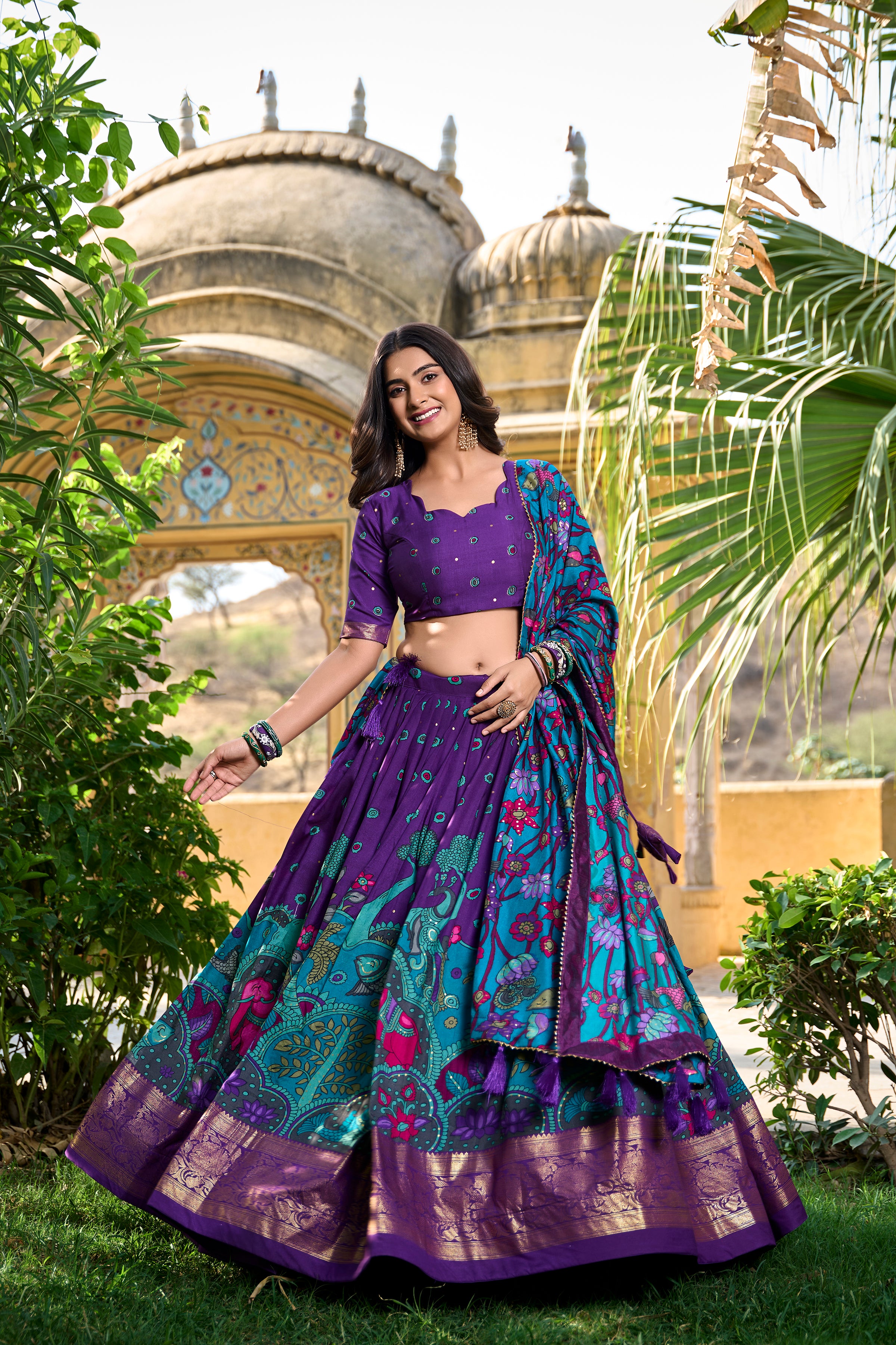 Women's Purple Tusser Silk Floral Printed Lehenga Choli with Foil Work & Gotta Patti Dupatta | Designer Festive, Wedding & Party Wear