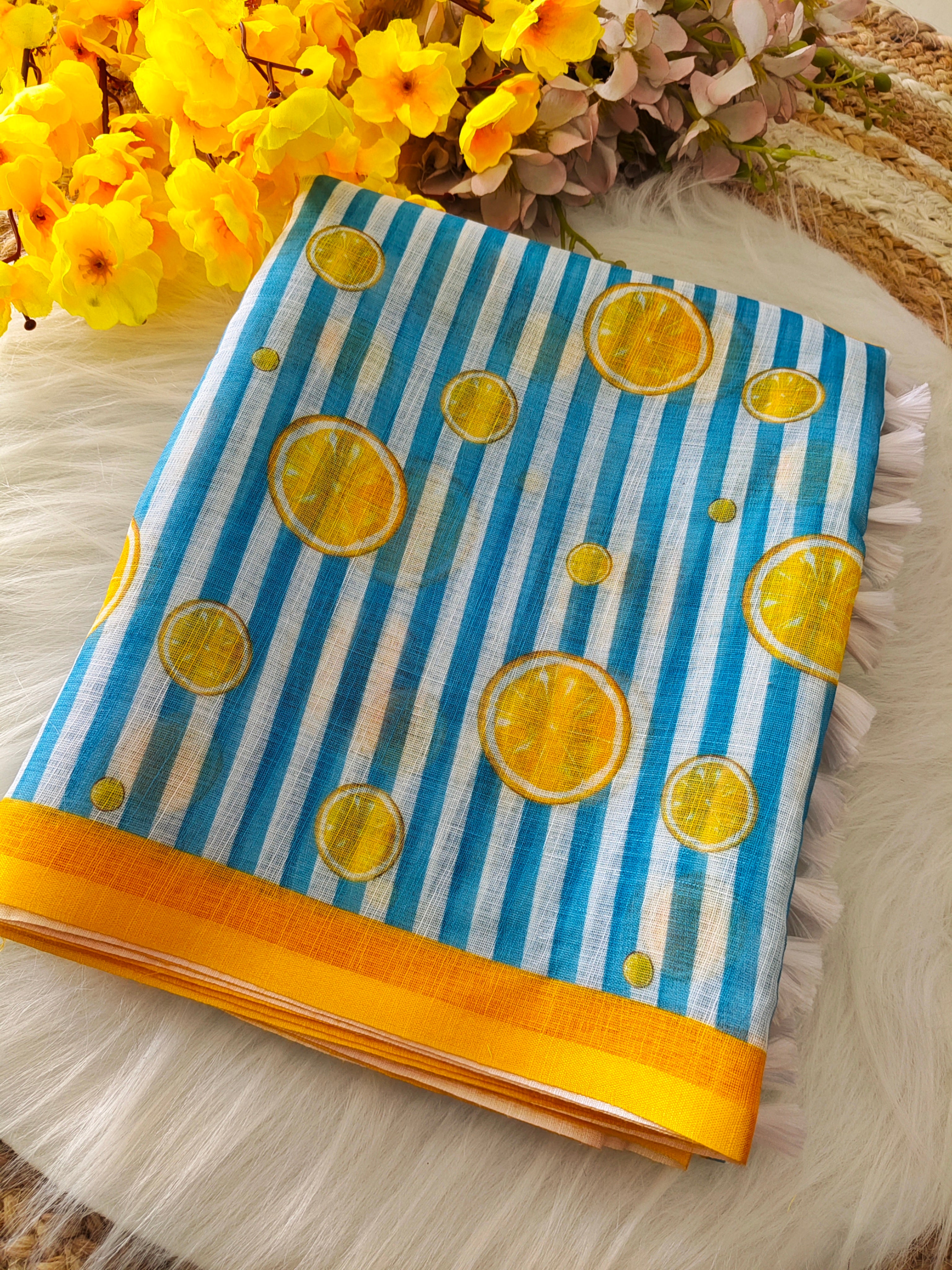 Stylish Sky Blue & Yellow Printed Linen Cotton Saree