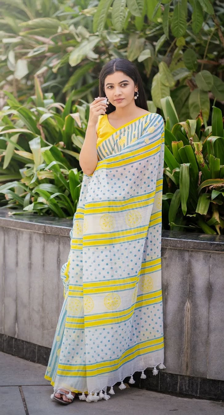 Stylish Sky Blue & Yellow Printed Linen Cotton Saree