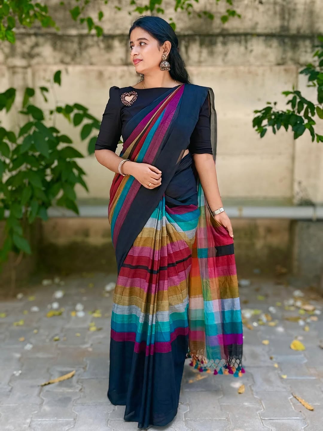Stylish Black Linen Cotton Saree with Multicolor Stripe Border