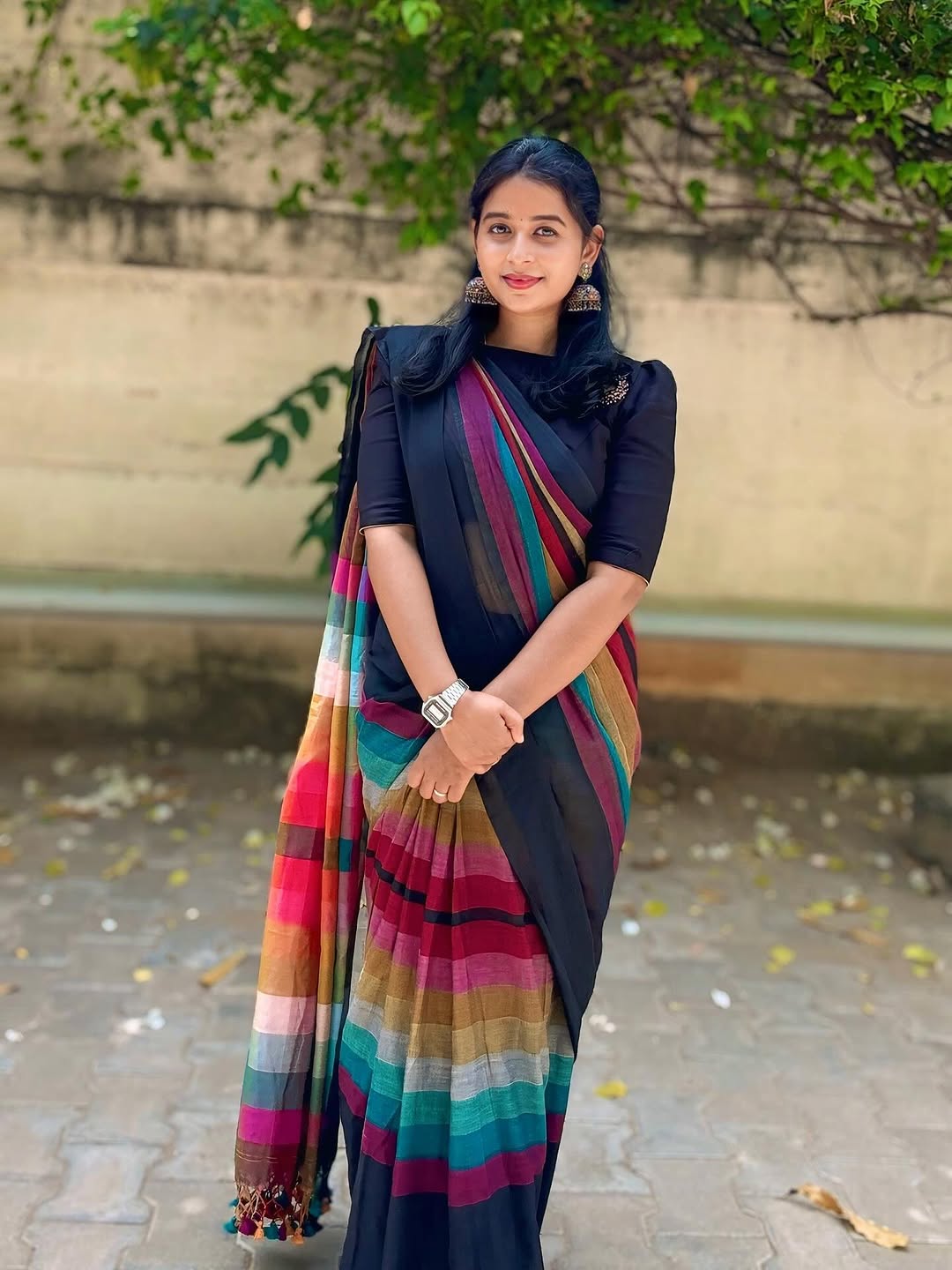Stylish Black Linen Cotton Saree with Multicolor Stripe Border