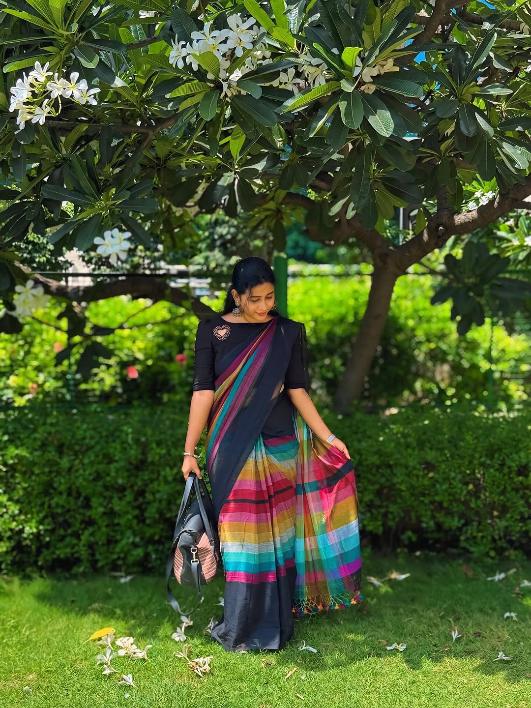 Stylish Black Linen Cotton Saree with Multicolor Stripe Border