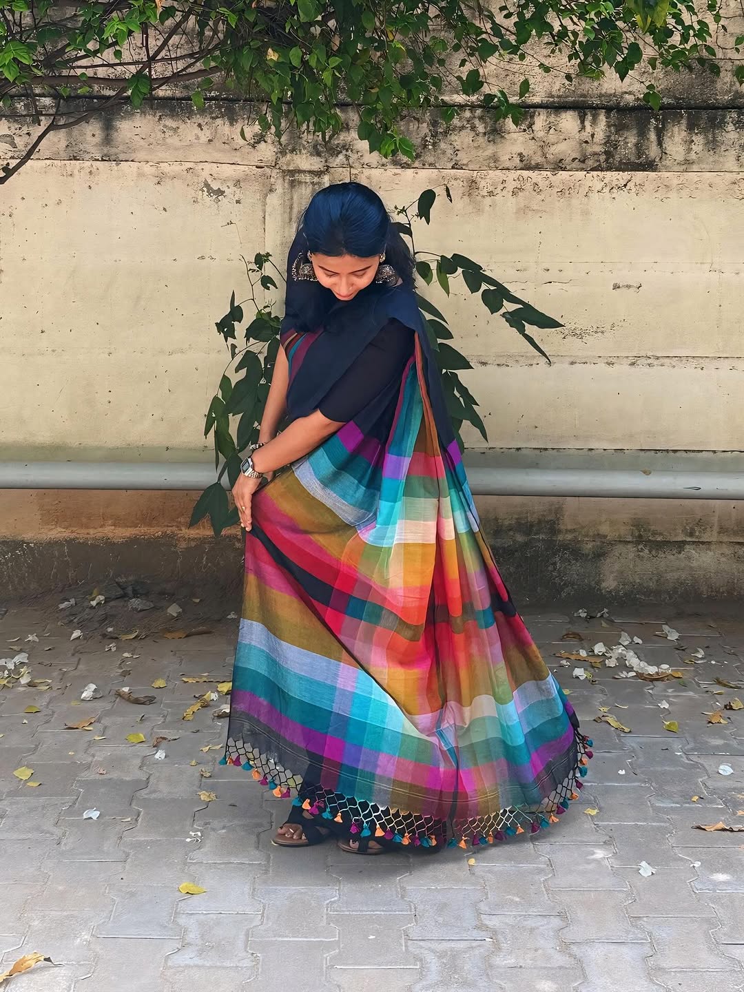 Stylish Black Linen Cotton Saree with Multicolor Stripe Border