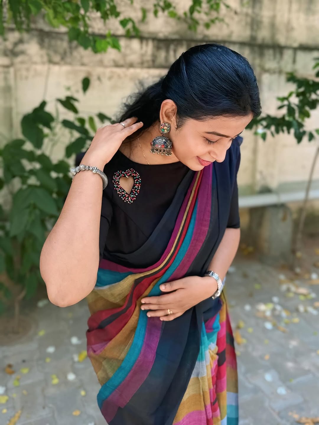 Stylish Black Linen Cotton Saree with Multicolor Stripe Border
