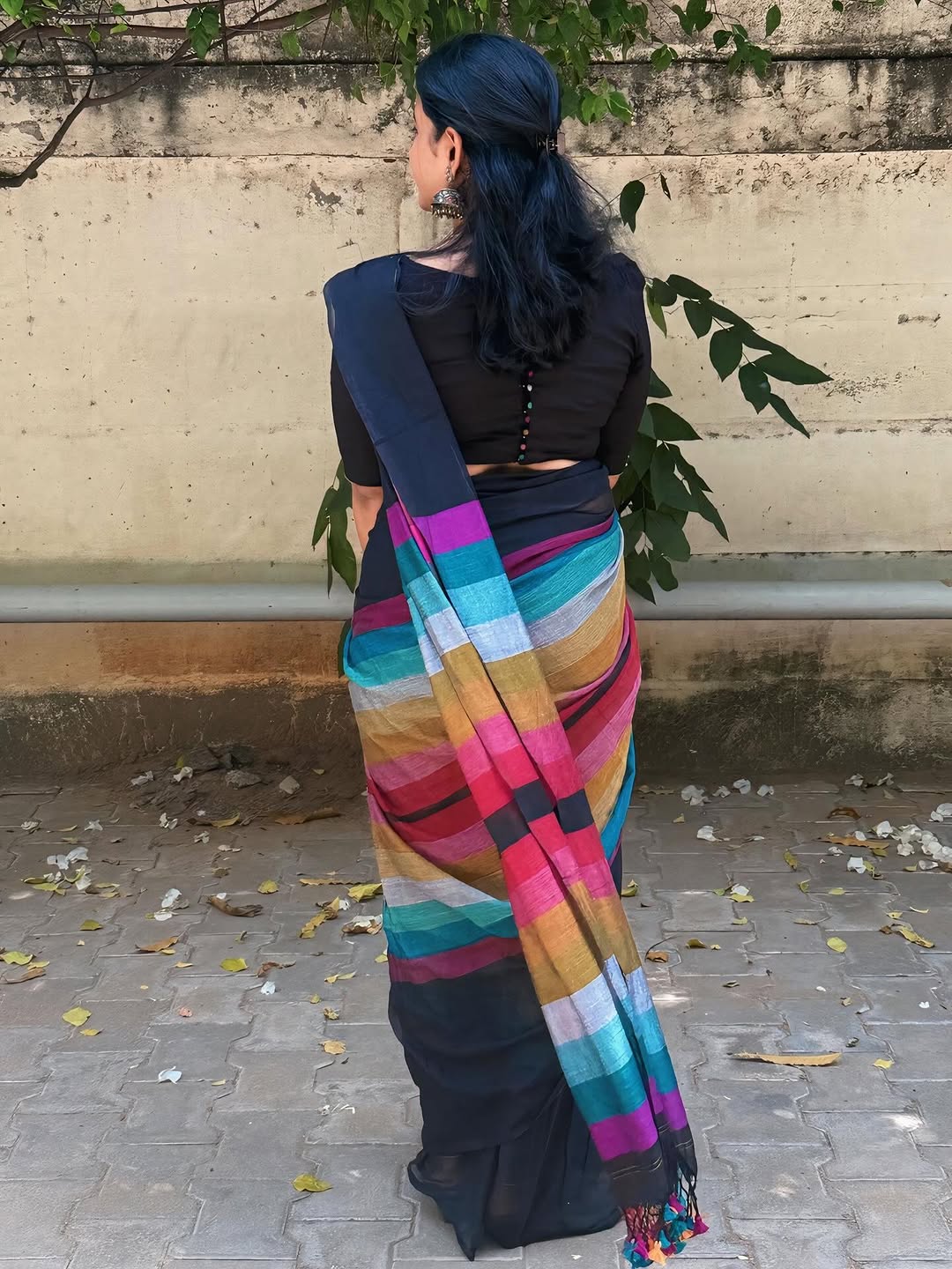 Stylish Black Linen Cotton Saree with Multicolor Stripe Border