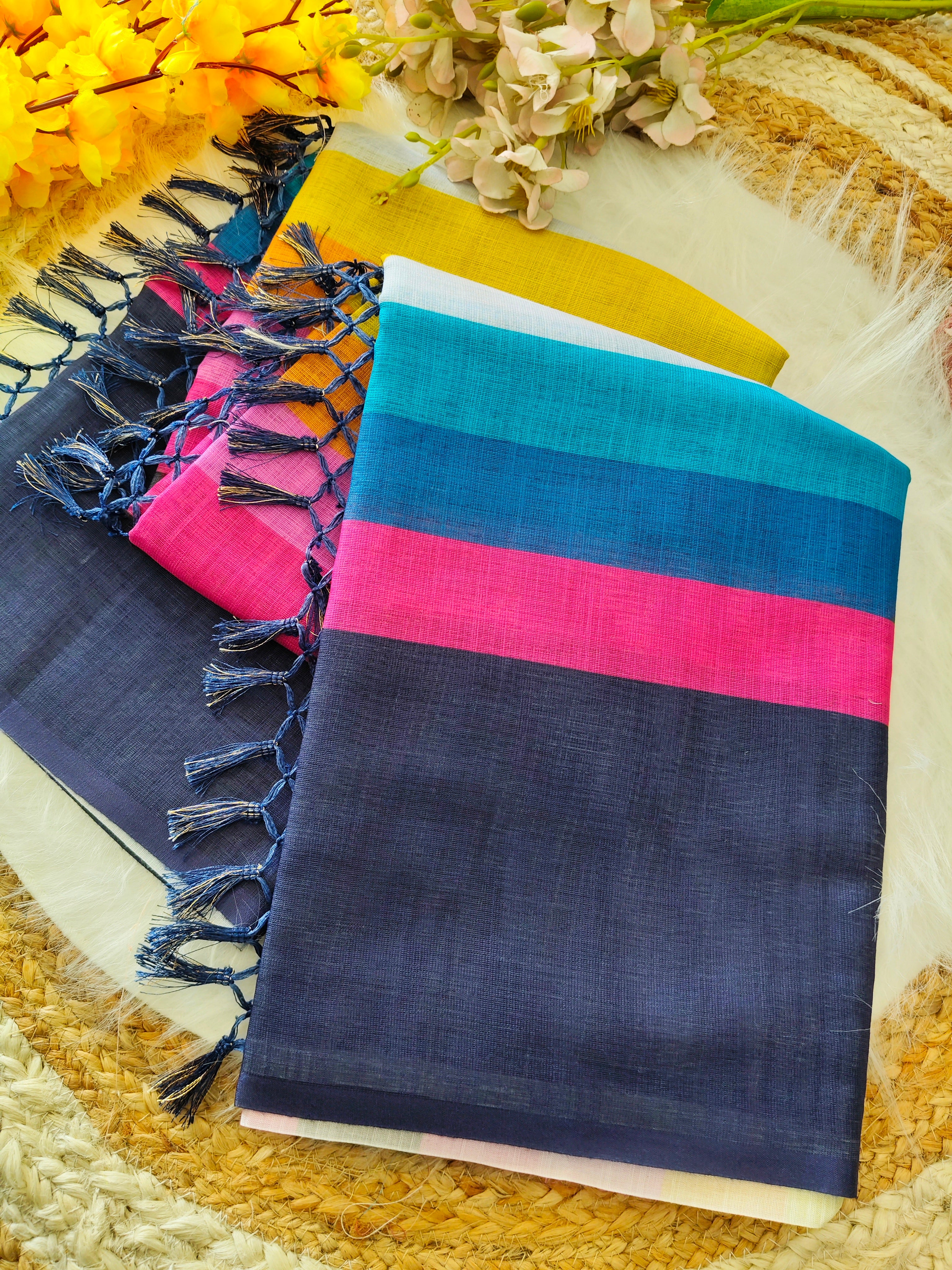 Stylish Black Linen Cotton Saree with Multicolor Stripe Border
