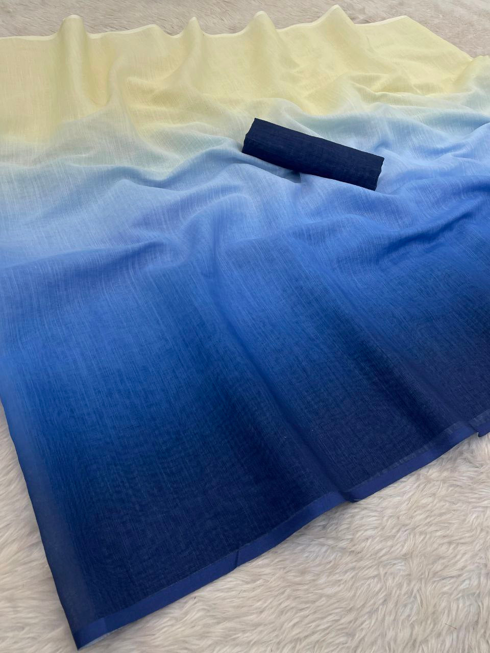 Blue Tide Gradient Linen Cotton Saree