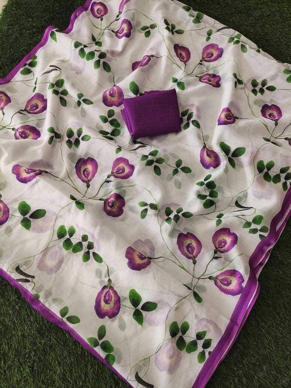 Lavender Bloom Linen Cotton Saree with Floral Vine Design
