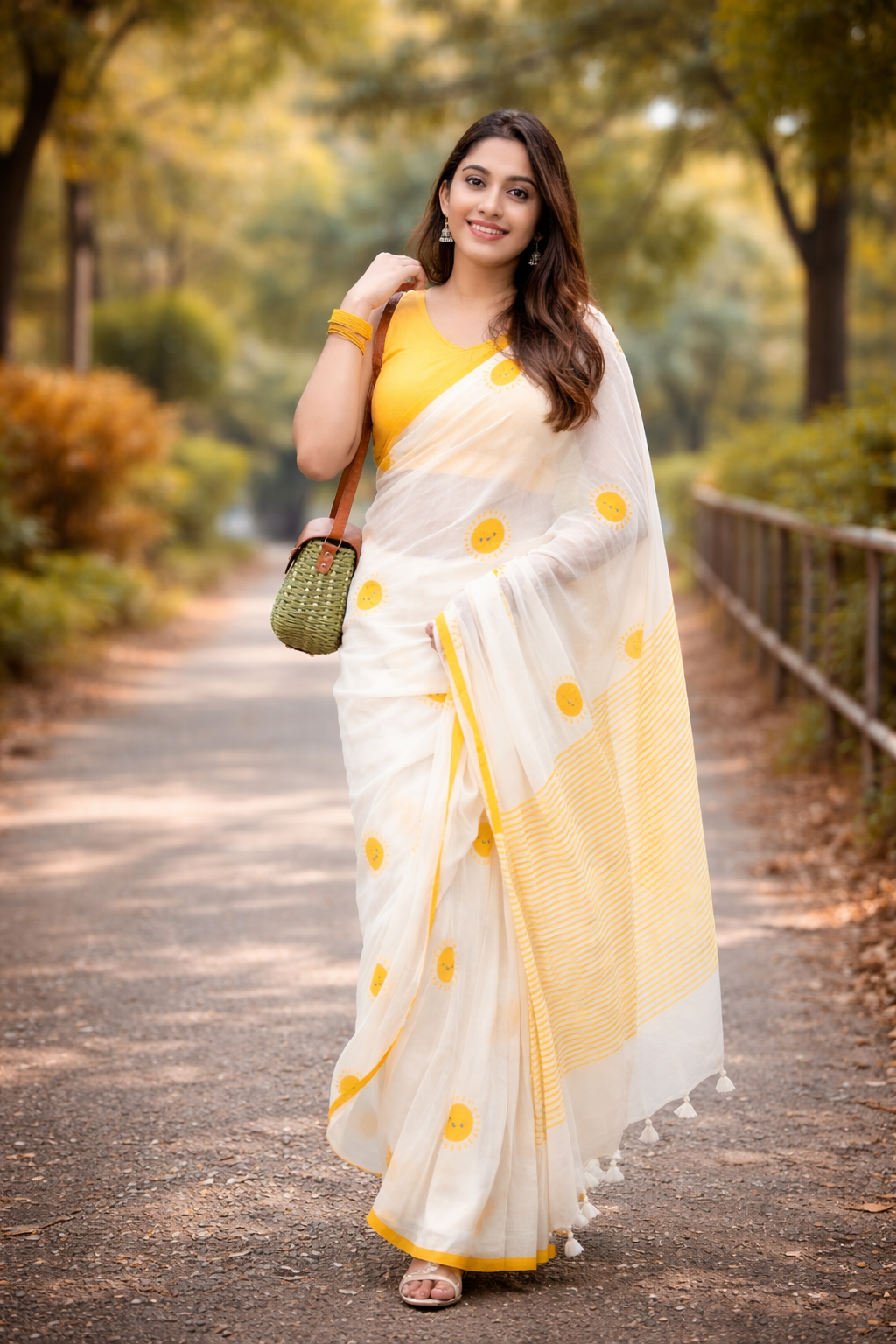 Woman in a white saree with yellow polka dots walking outdoors on a path.