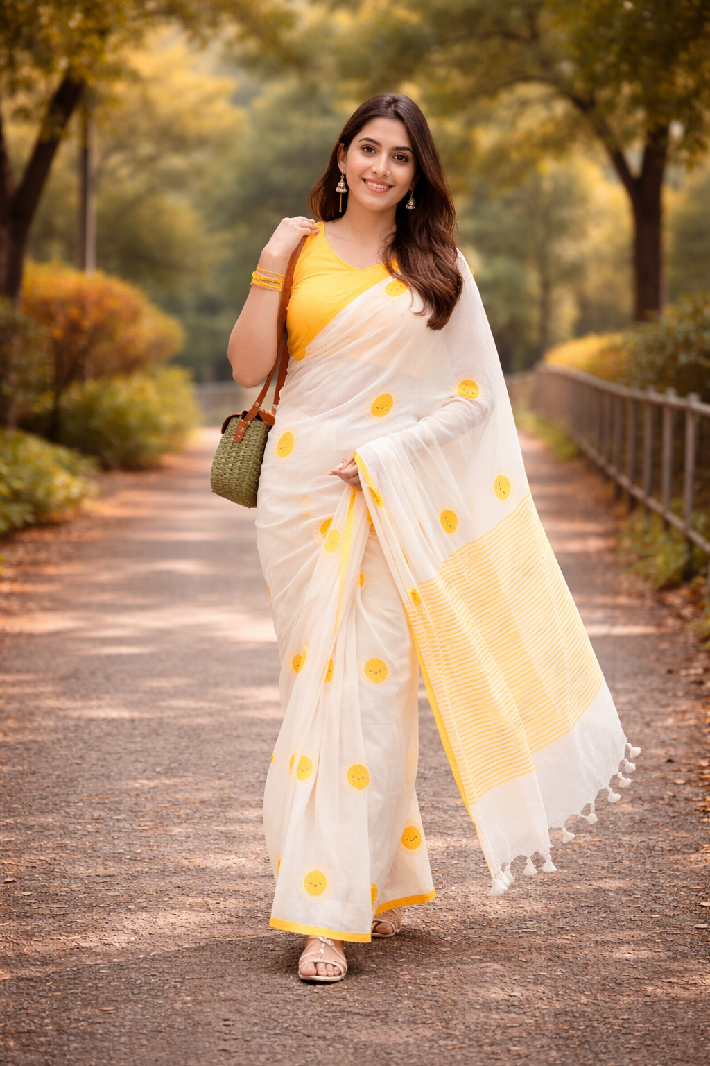 Sunshine Bliss Linen Cotton Saree with Yellow Motifs