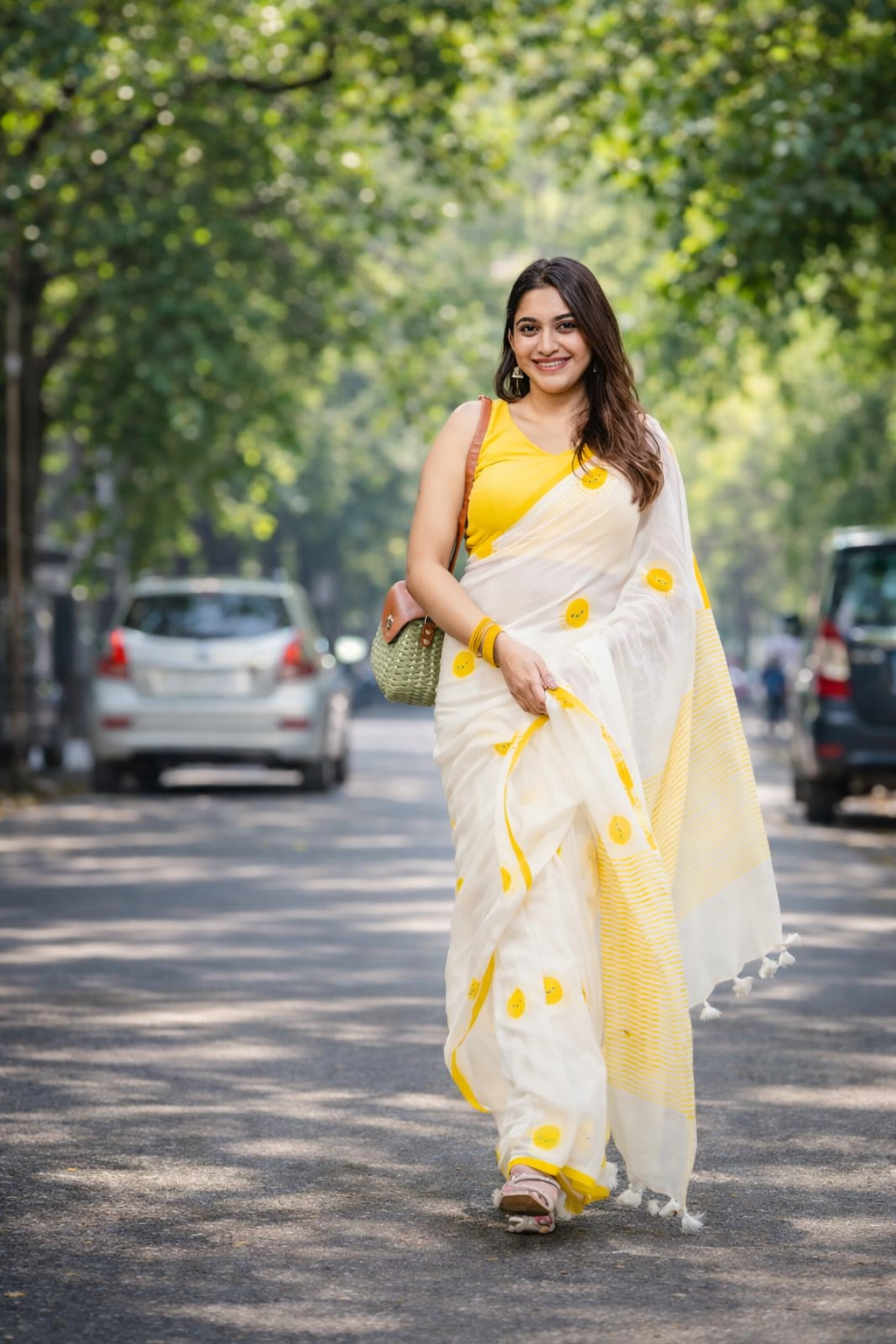 Sunshine Bliss Linen Cotton Saree with Yellow Motifs