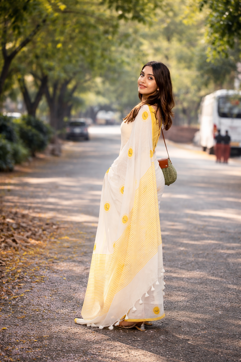 Sunshine Bliss Linen Cotton Saree with Yellow Motifs
