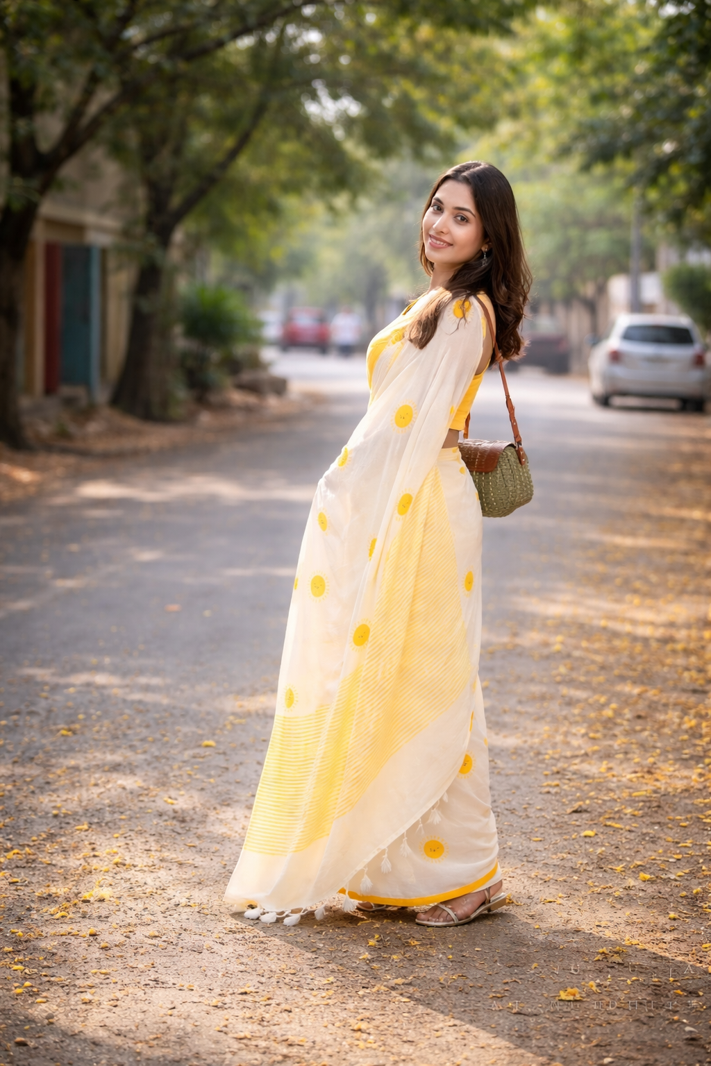 Sunshine Bliss Linen Cotton Saree with Yellow Motifs