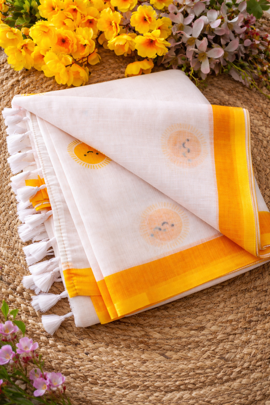 Sunshine Bliss Linen Cotton Saree with Yellow Motifs