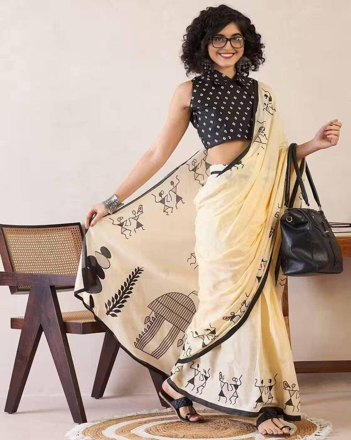Beige Linen Cotton Saree with Tribal Warli Print