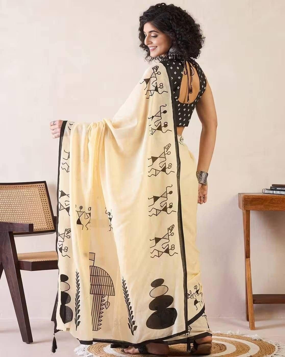 Beige Linen Cotton Saree with Tribal Warli Print