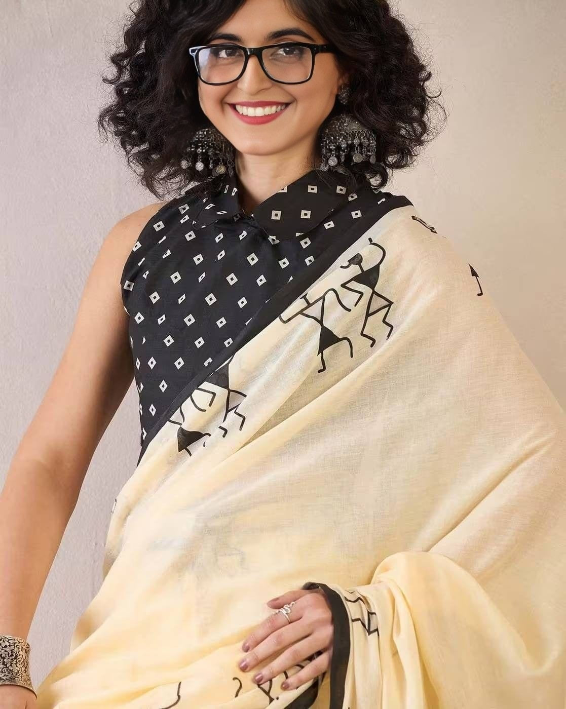 Beige Linen Cotton Saree with Tribal Warli Print