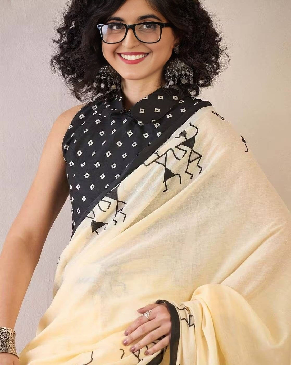 Beige Linen Cotton Saree with Tribal Warli Print