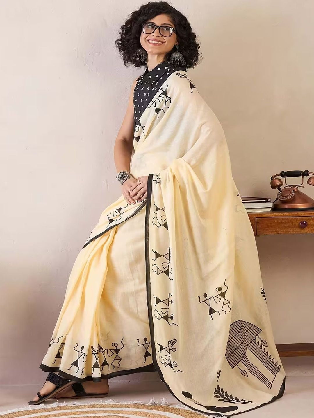 Beige Linen Cotton Saree with Tribal Warli Print