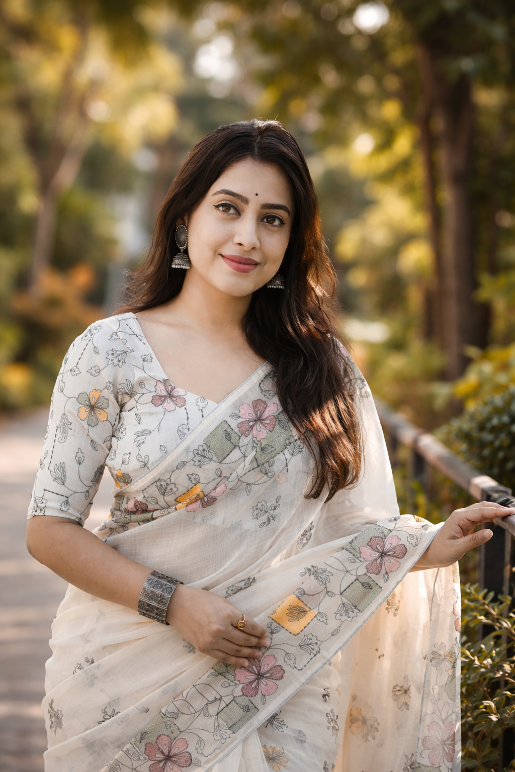 Soft Ivory Linen Saree with Pastel Floral Design