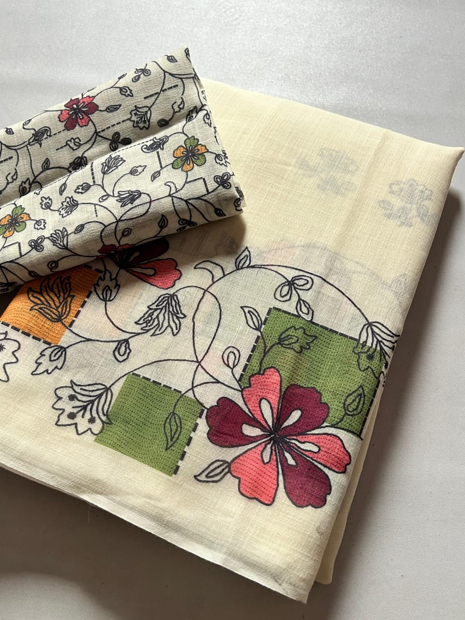 Soft Ivory Linen Saree with Pastel Floral Design