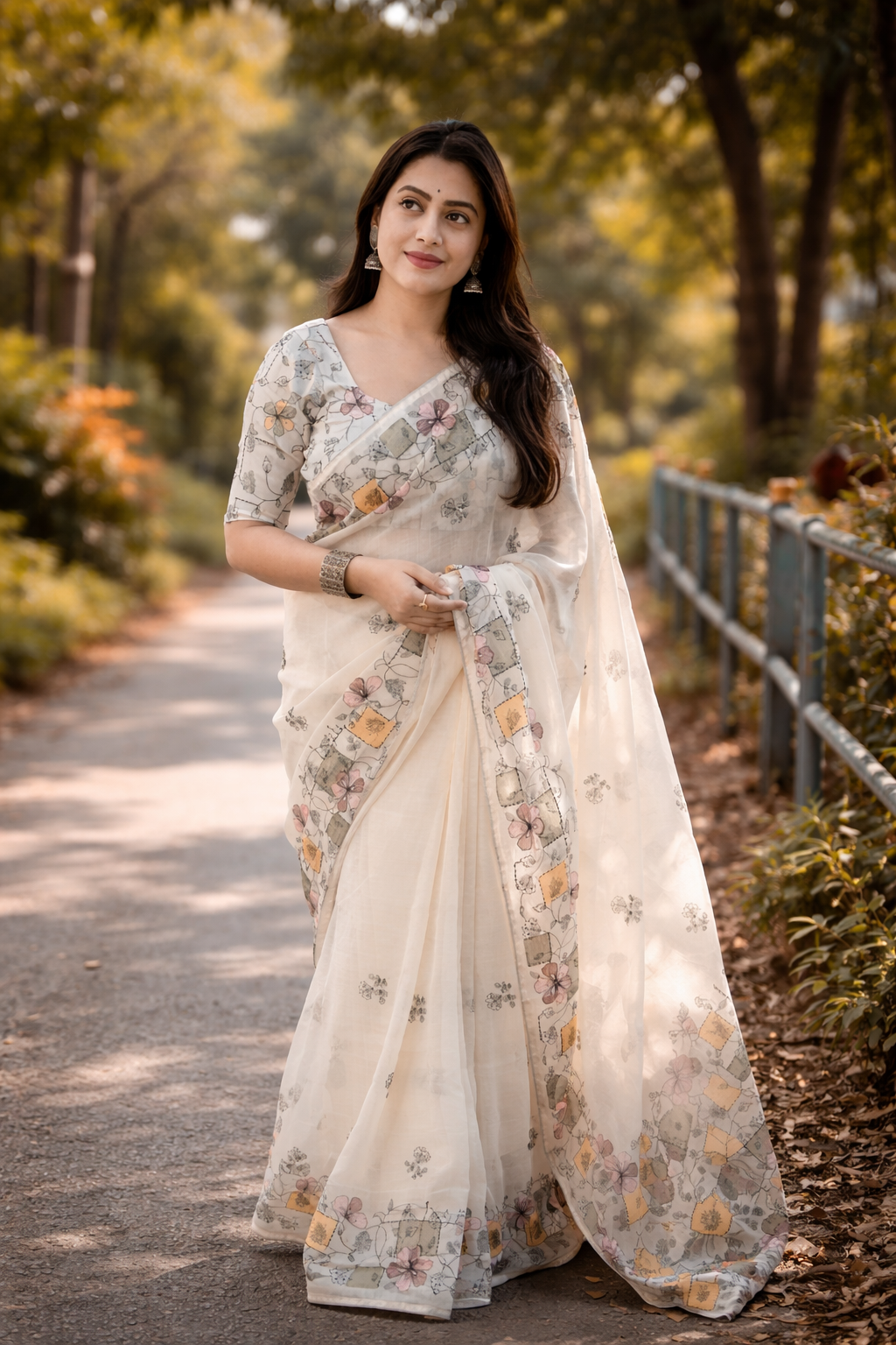Soft Ivory Linen Saree with Pastel Floral Design