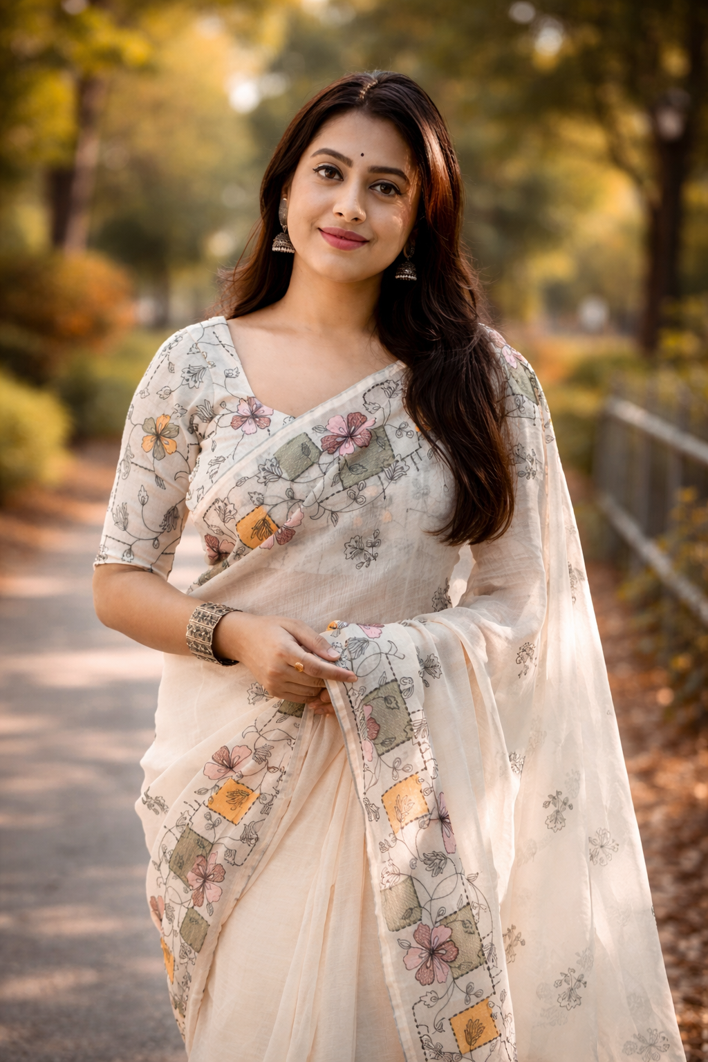 Soft Ivory Linen Saree with Pastel Floral Design