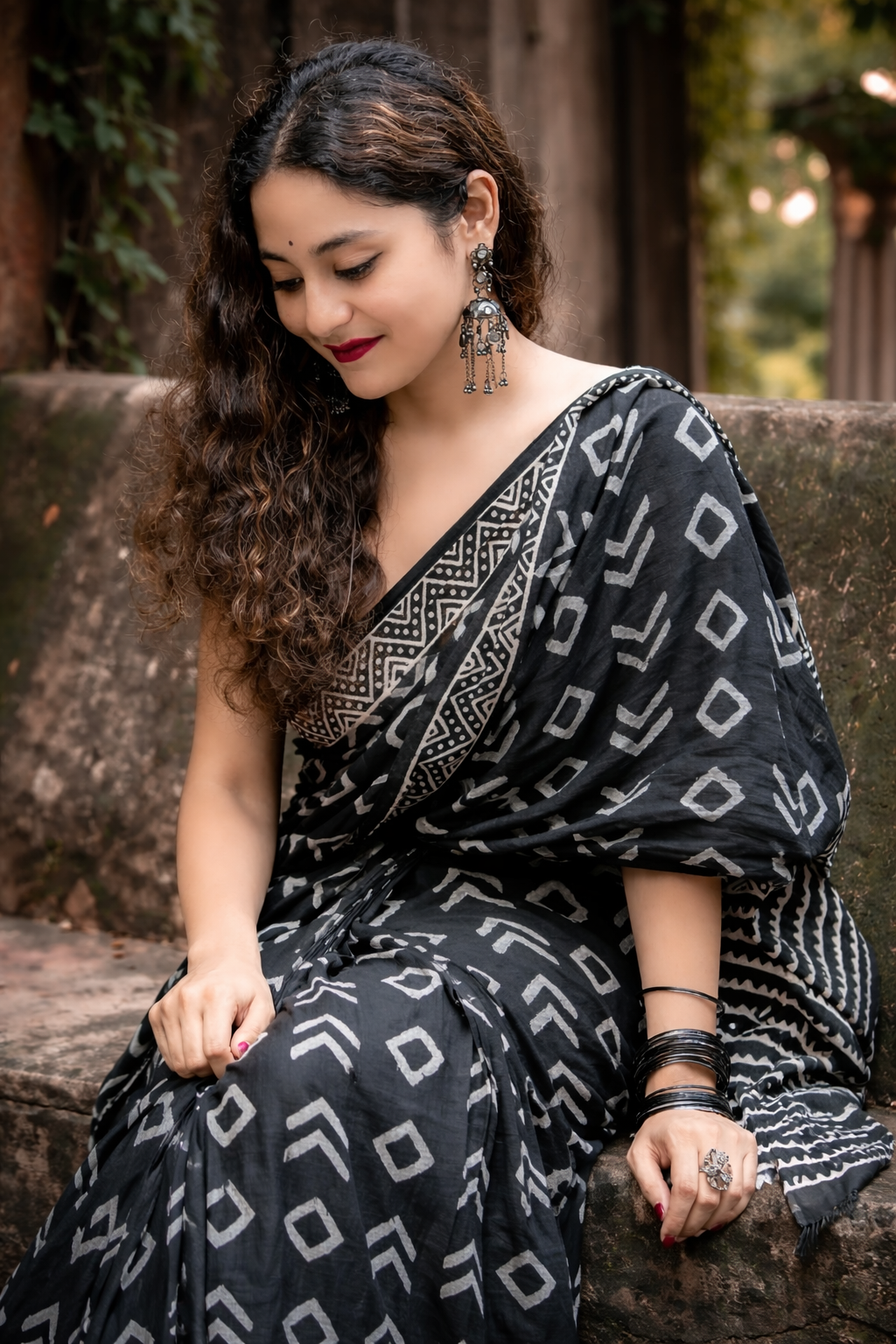 Midnight Noir Linen Cotton Saree with Tribal Border