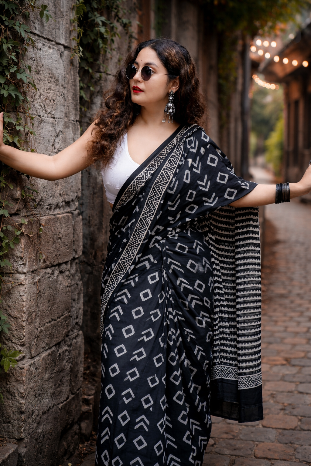 Midnight Noir Linen Cotton Saree with Tribal Border
