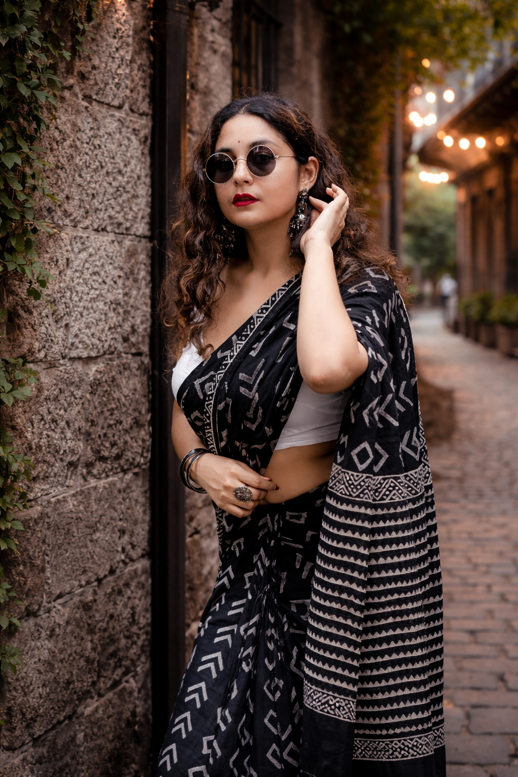 Midnight Noir Linen Cotton Saree with Tribal Border