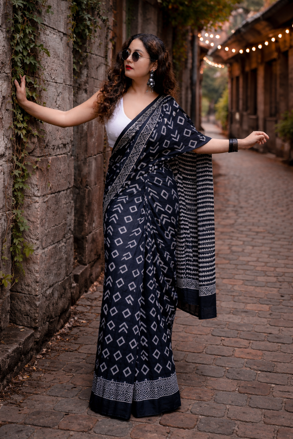 Midnight Noir Linen Cotton Saree with Tribal Border