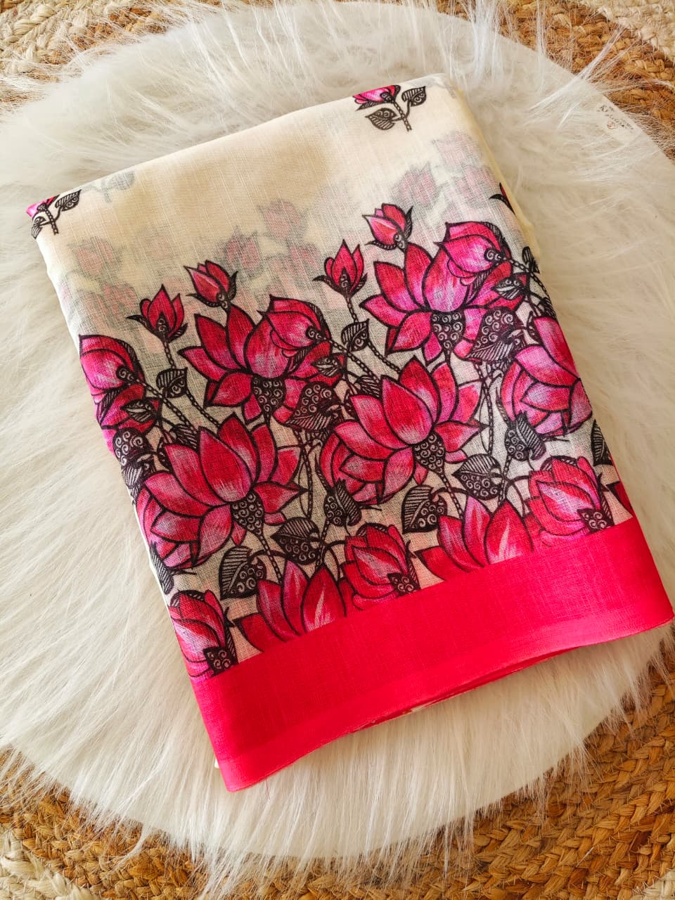 Blush Bloom Linen Cotton Saree with Floral Border