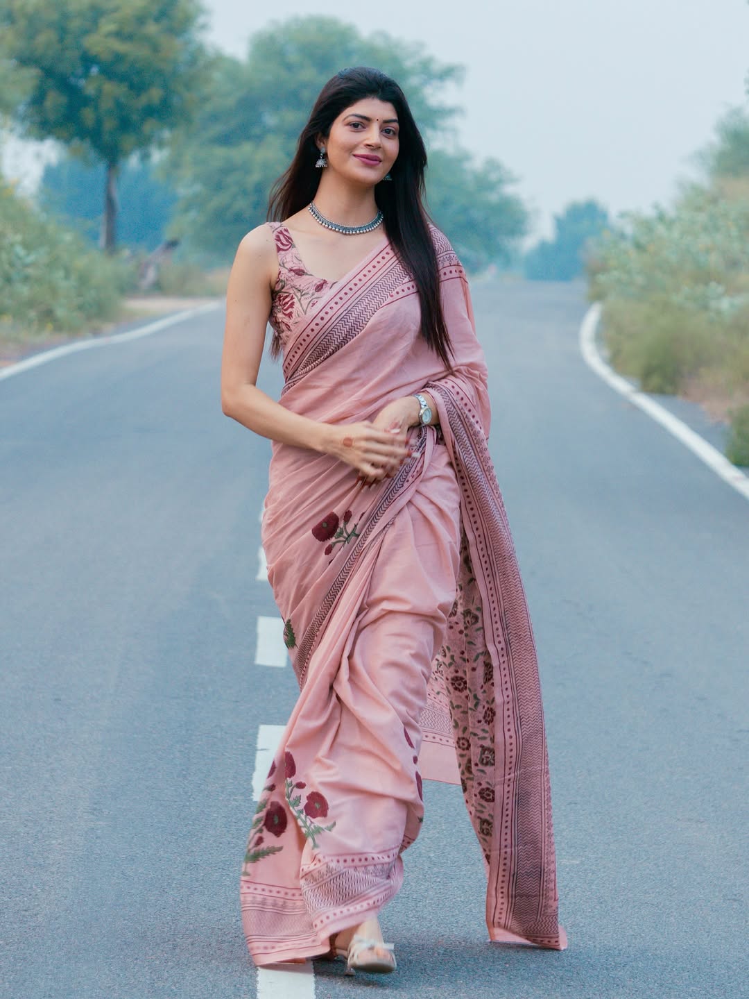 Elegant Dusty Pink Linen Cotton Saree with Floral Print Border