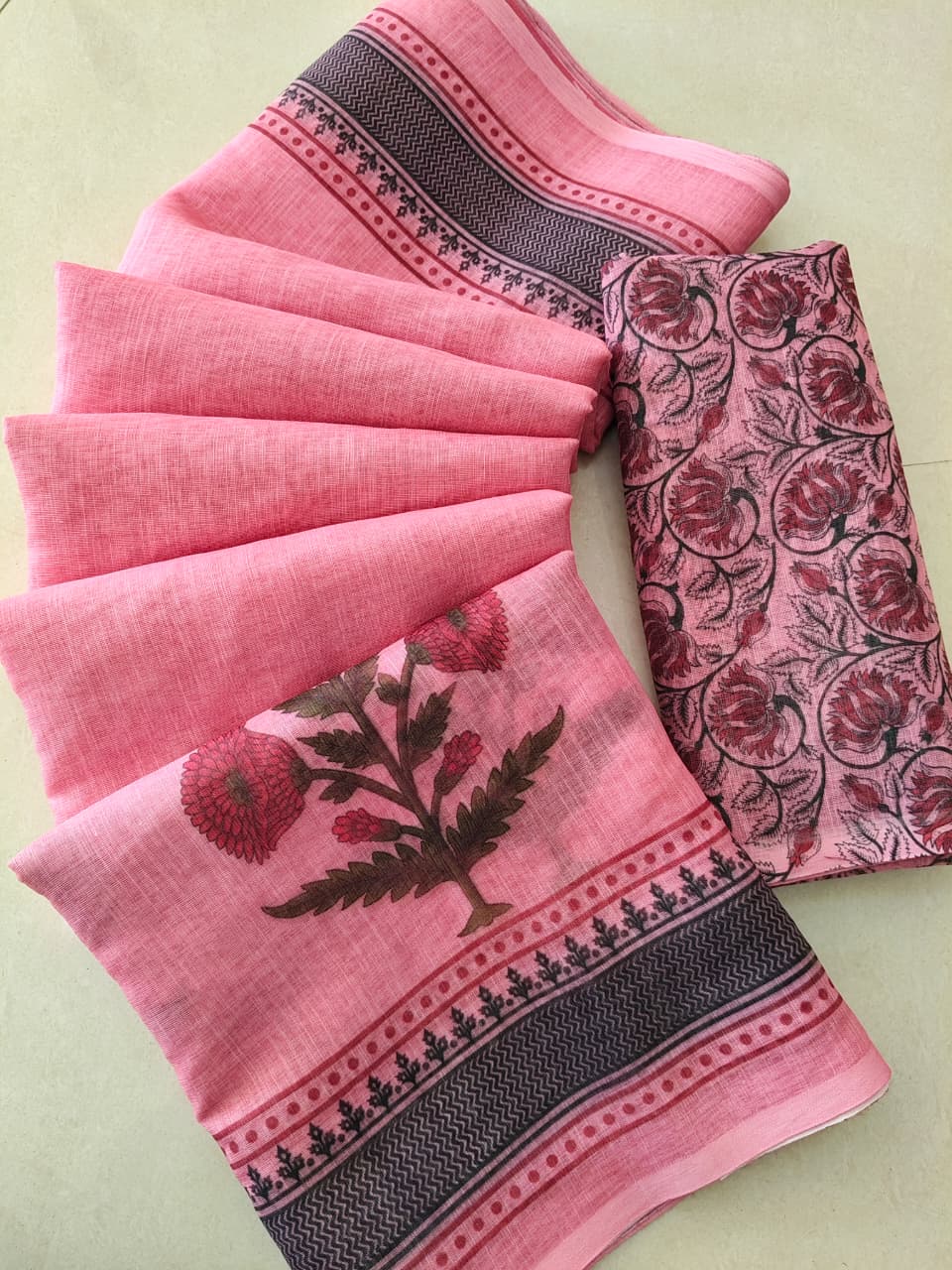 Elegant Dusty Pink Linen Cotton Saree with Floral Print Border