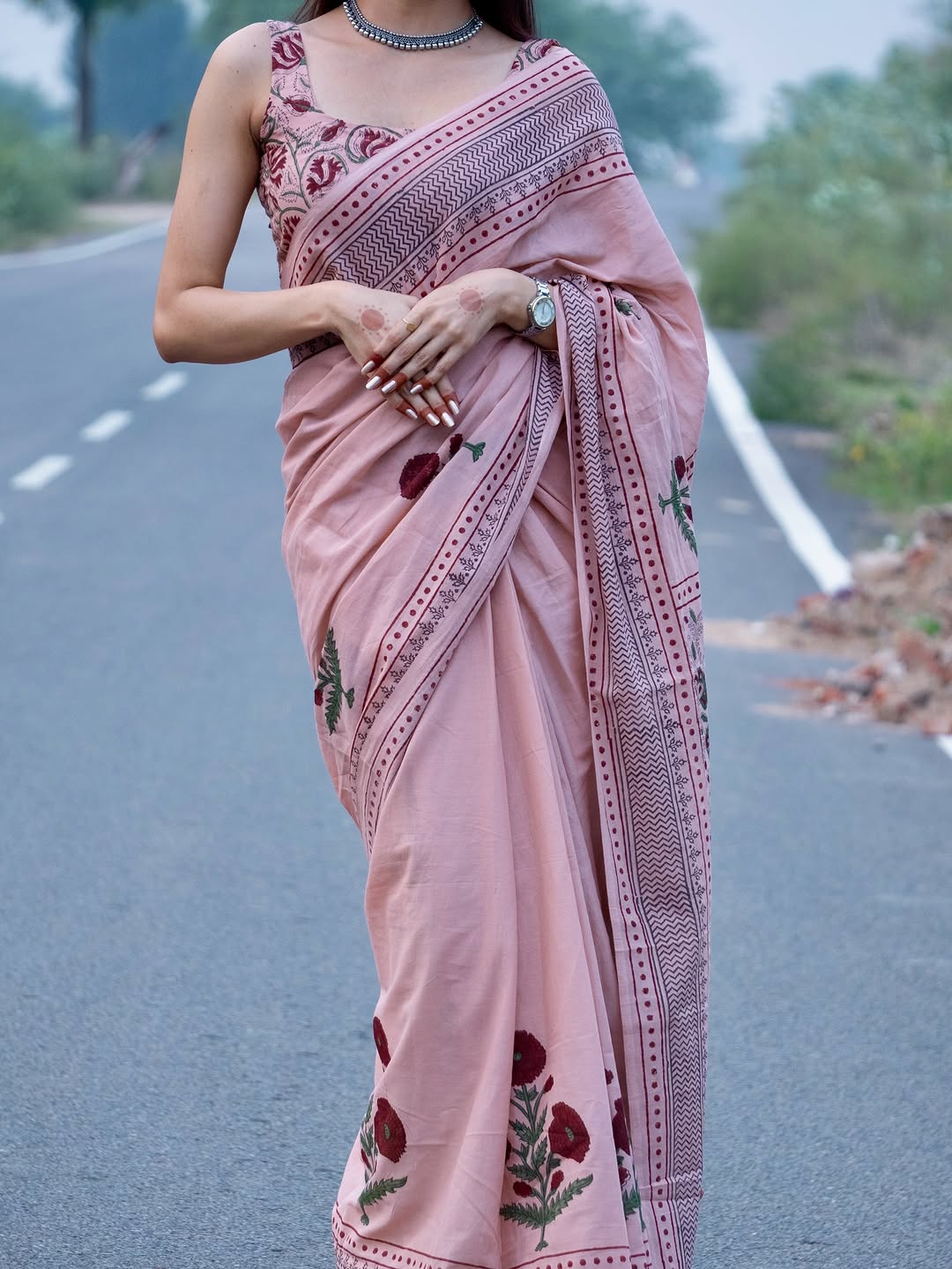 Elegant Dusty Pink Linen Cotton Saree with Floral Print Border